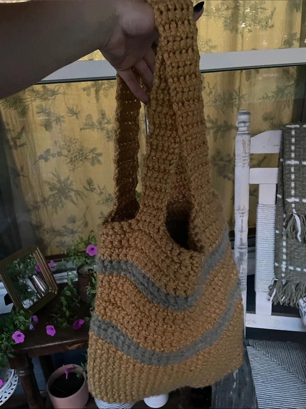 Hand Made Crochet Tote Bag in Kodak Yellow with Moss Green Stripes 🫶🏻